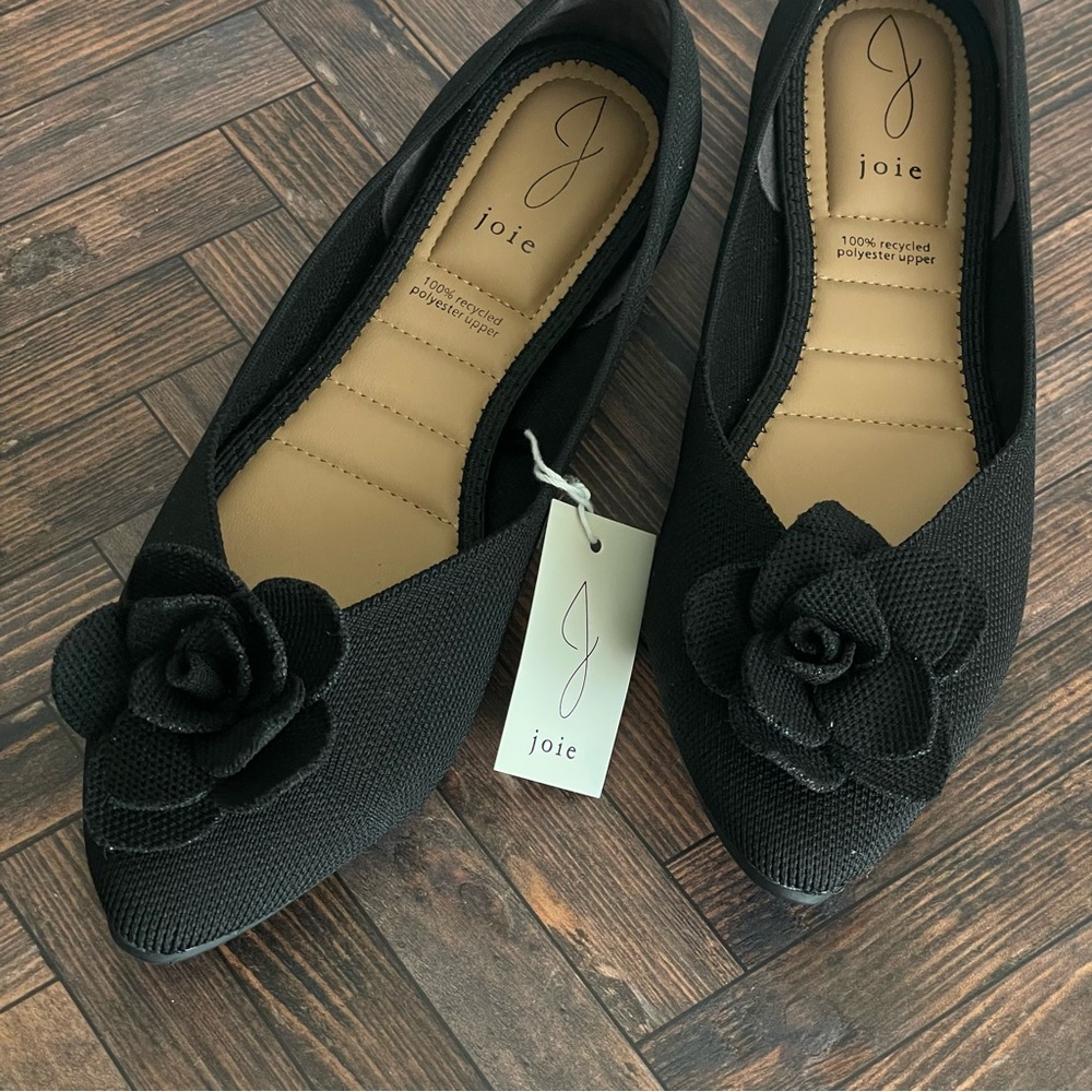 NEW Anthropologie Joie Black Woven Knit Point Toe Flats 3D Flower memory foam - Picture 5 of 8